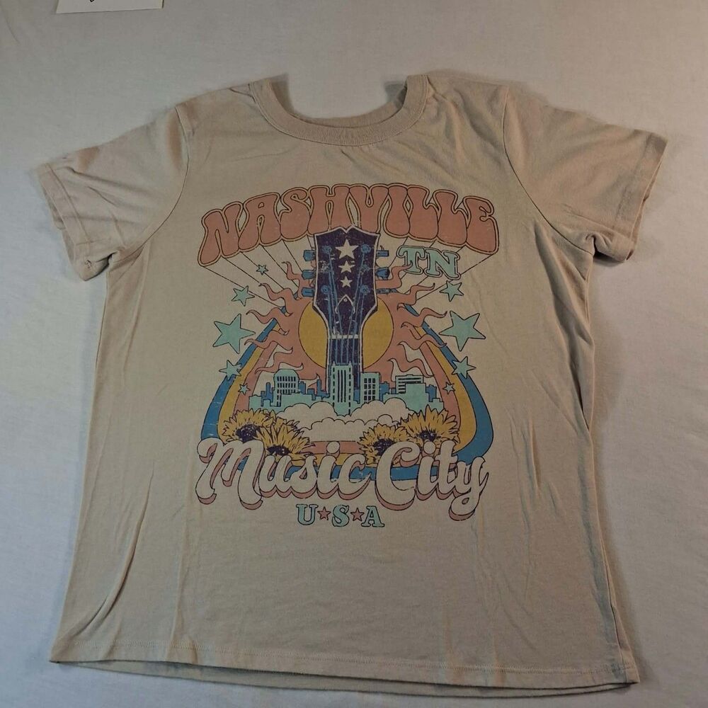 Zoe Liv Nashville Music City Graphic T Shirt Womens Size S Small Beige Tan